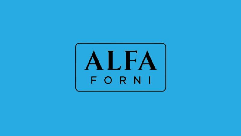 The ALFA FORNI pizza ovens logo on a sky blue background